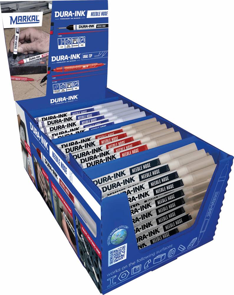 Présentoir de 96 feutres permanents DURA-INK® Needle Nose 5 - mix noir, rouge et bleu