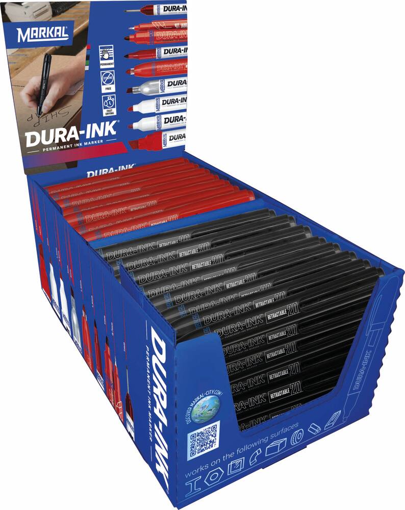 Présentoir de 72 feutres permanents rétractables DURA-INK® Retractable 20 - mix noir et rouge